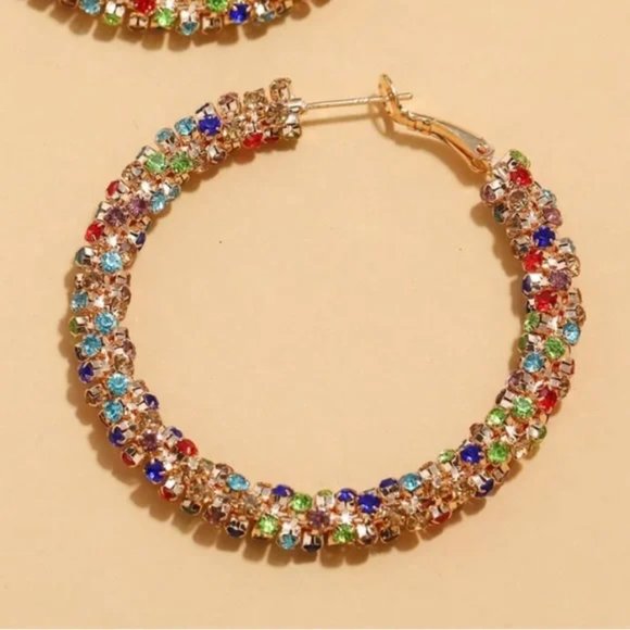 Rhinestone Multi-Color Decor Hoop Earrings - Picture 5 of 10